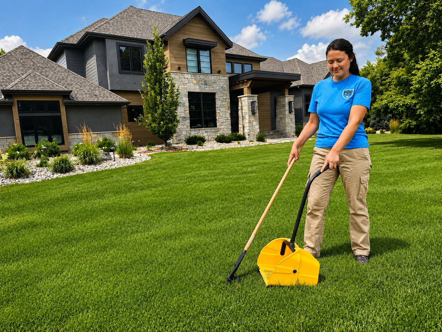 Poo-Patrol® technician scooping a pristine front yard at a Sioux Falls home