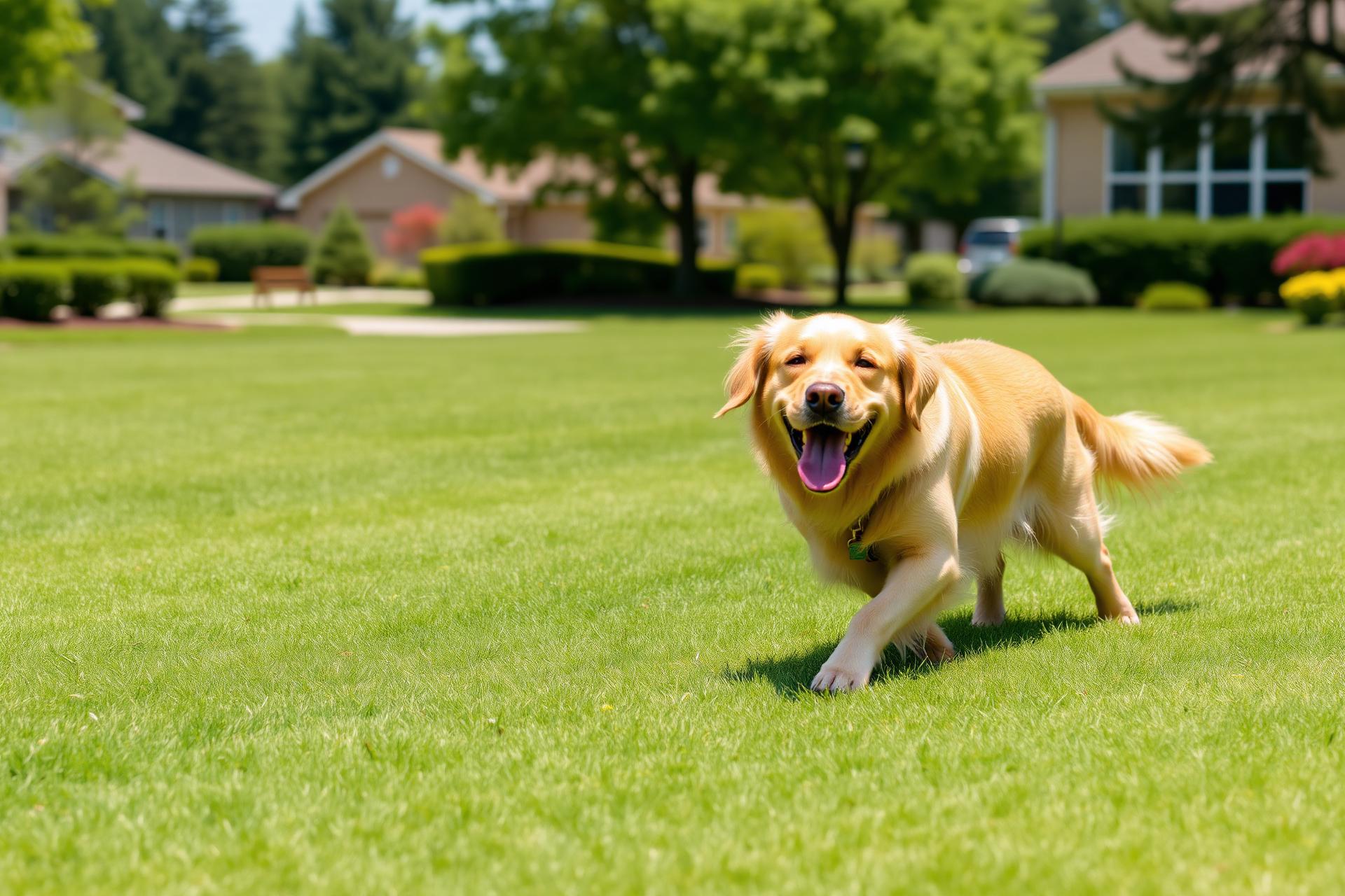 Happy golden retriever running across a spotless, freshly-serviced Poo-Patrol® lawn